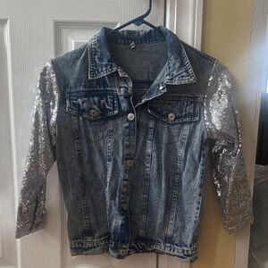 Kids Denim Jacket with Silver Sequin Sleeves